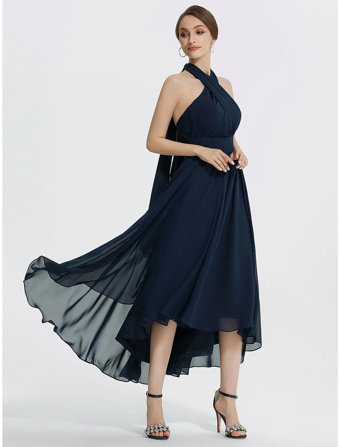 Luolandi A-Line Cocktail Dresses Elegant Dress Wedding Guest Tea Length Short Sleeve Off Shoulder Convertible Chiffon